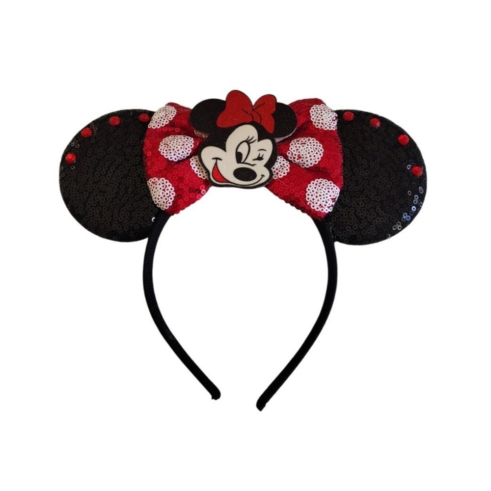 Minnie Mouse Inspired Sequins Headband Kids Red Black Studs Bow Ears‎ Polka Dot